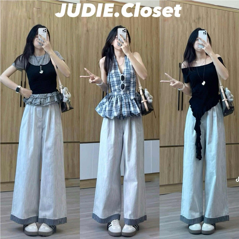 BÒ MỀM - Quần Suông Nữ Cạp Khoá Chất Bò Mềm Phối Gấu Kẻ Không Phai Màu JUDIE.Closet