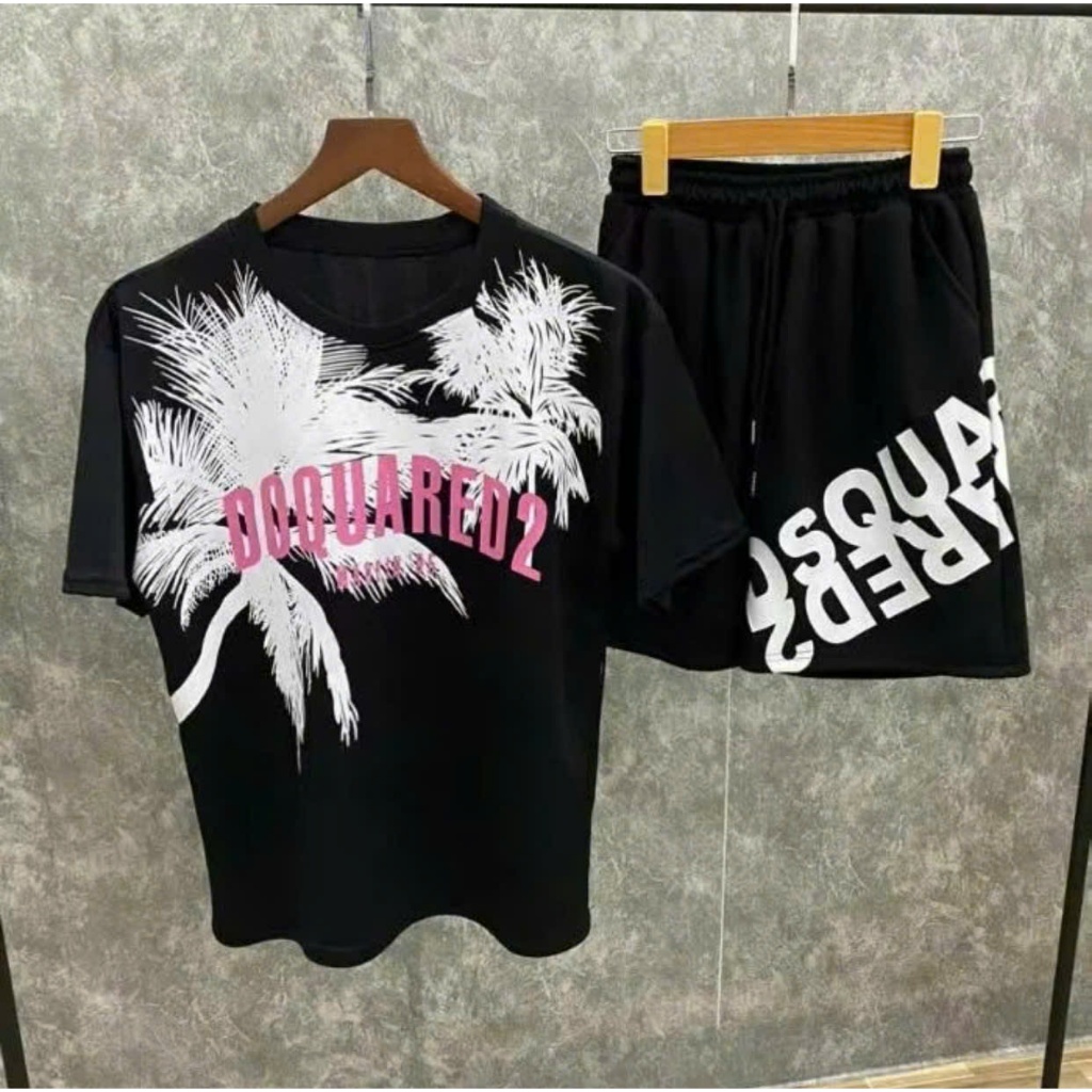 Bộ đồ nam DSQ cây dừa full chữ Hồng, Bộ đồ cộc tay nam boy phố, bộ đồ nam đi du lịch, áo thun quảng châu siêu hot mùa hè