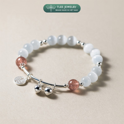 Lắc tay TLEE đá mắt mèo 6mm, thạch anh dâu hồng mix charm chuông đôi TLEE JEWELRY LT0424