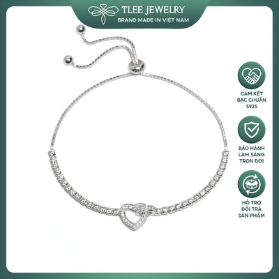 Lắc tay bạc nữ TLEE chốt dây rút mặt trái tim kết nối đính đá dải sang trọng TLEE JEWELRY LT0440