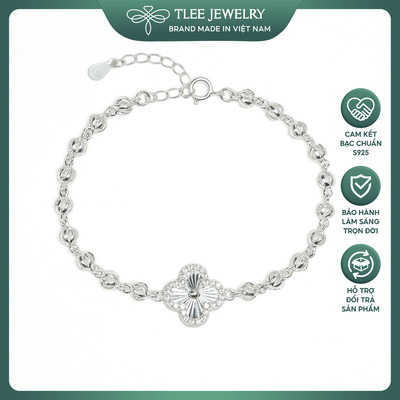 Lắc tay bạc nữ TLEE cỏ bốn lá đính đá vân phay sáng dây bi rỗng thu hút may mắn TLEE JEWELRY LT0450