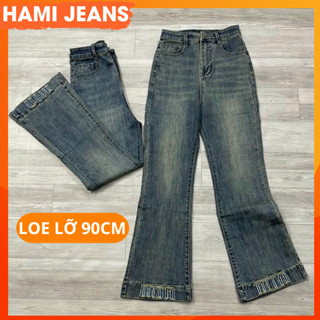 Quần jean ống loe lỡ 90cm cạp cao co giãn lai thêu chữ min quần bò loe 9 tấc gấu quần thêu chữ