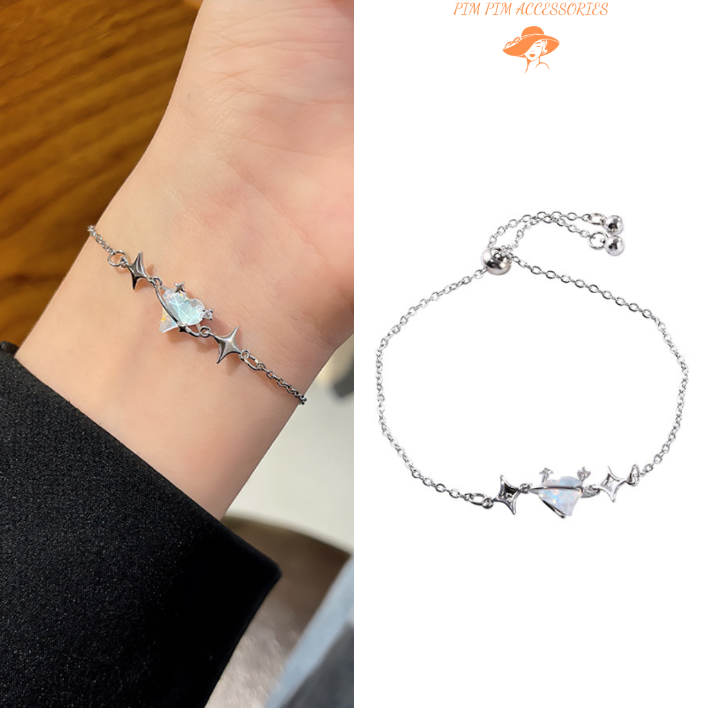 Lắc Tay Nữ Trái Tim Ánh Xà Cừ Phối Hình Ngôi Sao – Dây Mảnh Mạ Bạc Thanh Lịch, Thiết Kế Dễ Thương