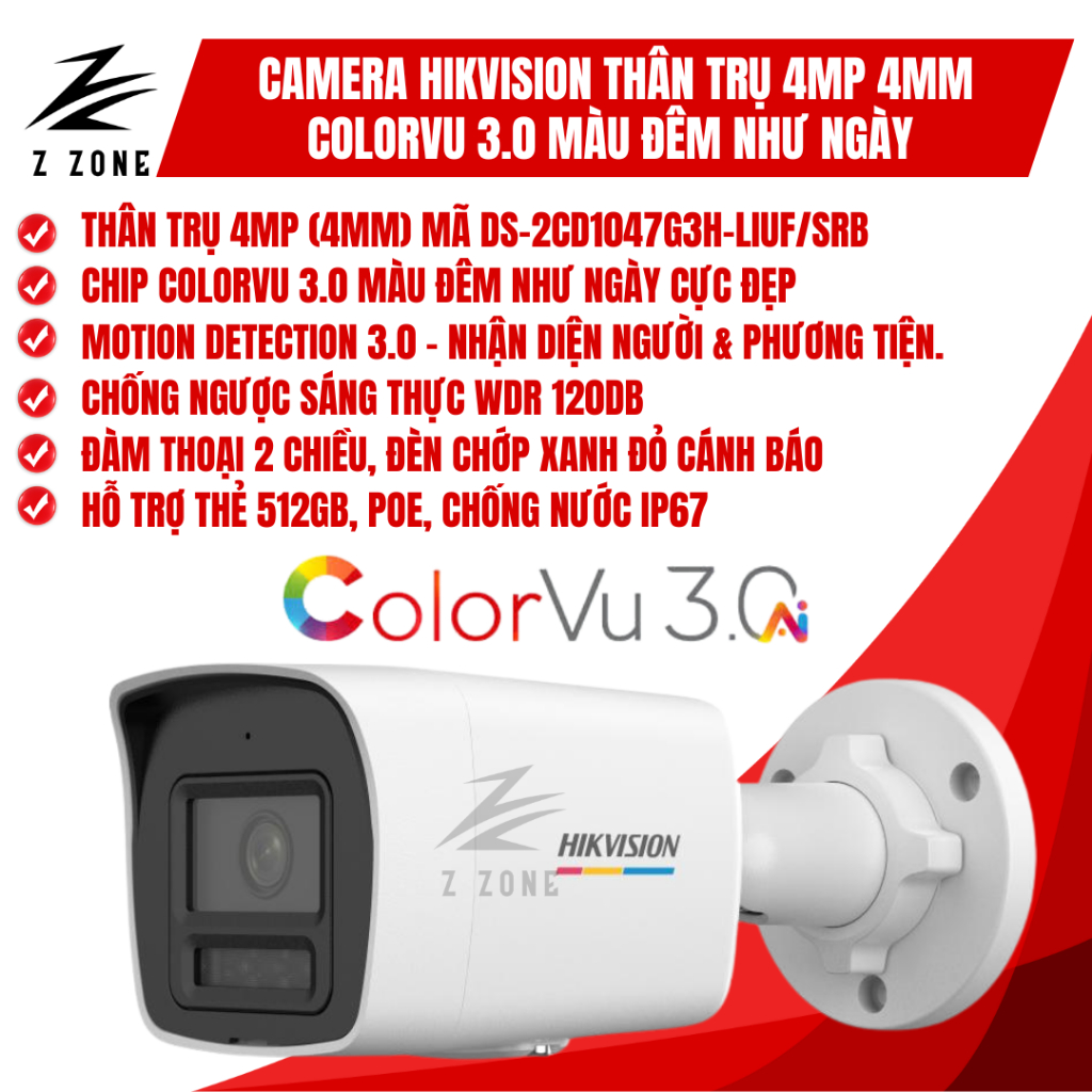 Camera Hikvision ColorVu 3.0 Màu Đêm Như Ngày Thân Trụ 4MP Hikvision - DS-2CD1047G3H-LIUF/SRB (4MM)