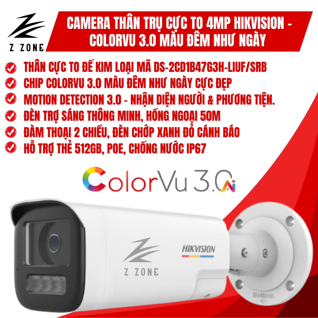 Camera Hikvision ColorVu 3.0 Đêm Như Ngày Trụ cực to 4MP Hikvision- DS-2CD1B47G3H-LIUF/SRB (4MM)