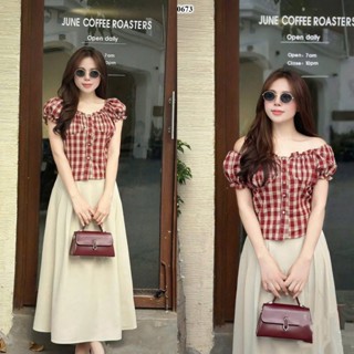 Set Áo Trễ Vai Tay Bồng Cúc Bọc Kẻ Đỏ Mix Chân Váy Be Dài Phong Cách Thanh Lịch , Tiểu Thư -  Ảnh Thật Lollaye