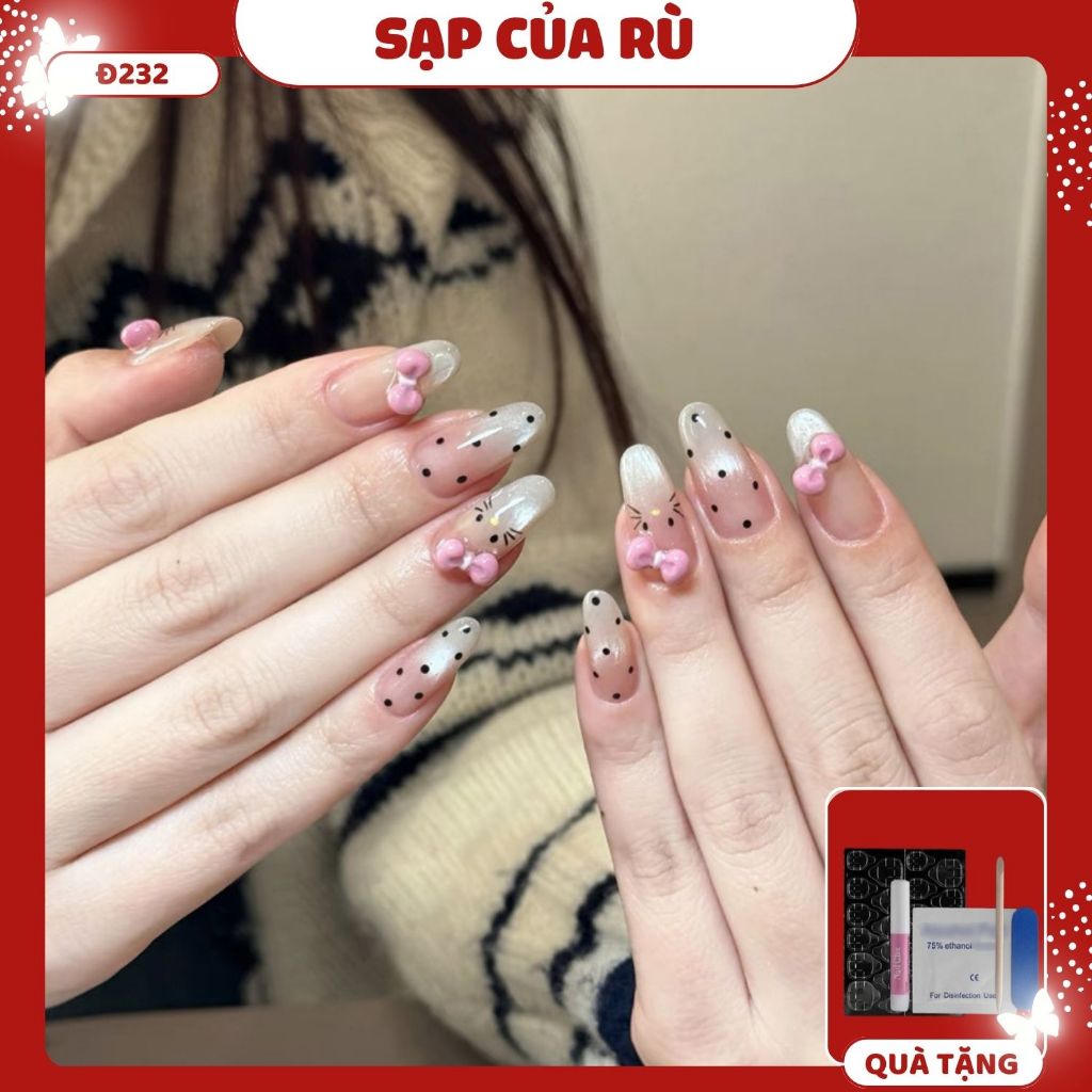 Đ232 Móng tay giả form OVAL NGẮN  bộ 30 móng HELLO KITTY nail giả y2k, nail giả dễ thương, nail giả 