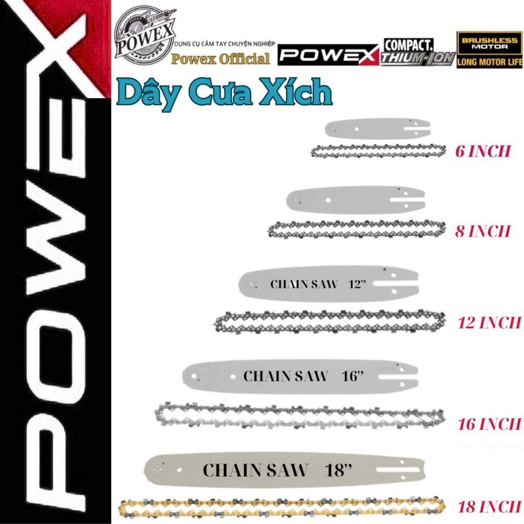 Dây cưa xích, xích máy cưa thay thế cho máy cưa pin POWEX, máy cưa xăng 18 inch, 16 icnh, 12 inch, 8