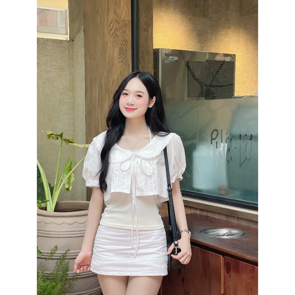 Set áo croptop 2 lớp dáng babydoll tay phồng tiểu thư cổ sen thắt nơ dễ thương Hàn Quốc AOT052 | BigBuy360 - bigbuy360.vn