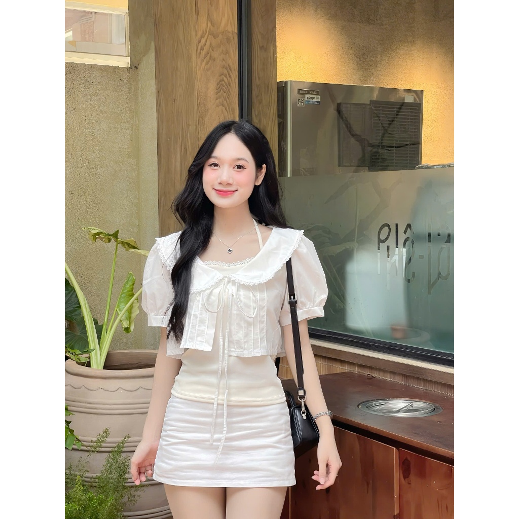 Set áo croptop 2 lớp dáng babydoll tay phồng tiểu thư cổ sen thắt nơ dễ thương Hàn Quốc AOT052 | BigBuy360 - bigbuy360.vn