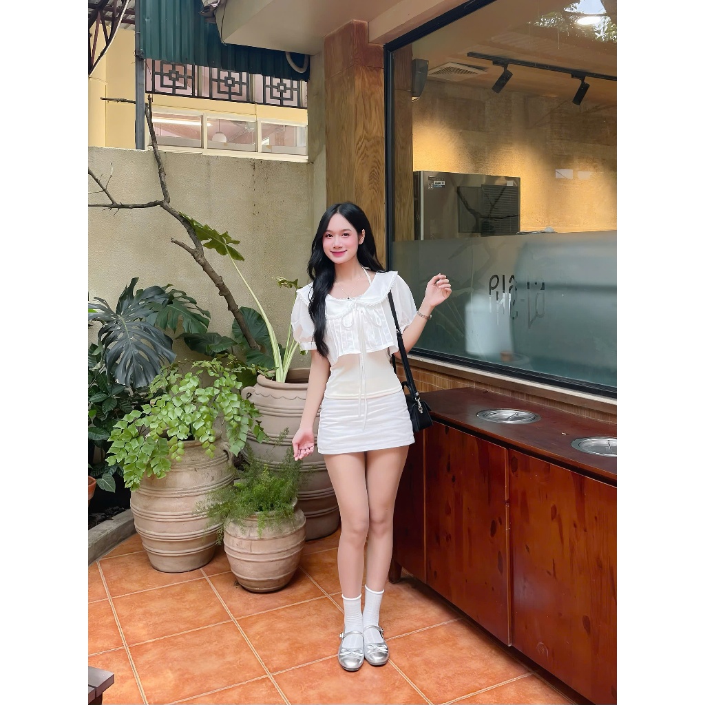 Set áo croptop 2 lớp dáng babydoll tay phồng tiểu thư cổ sen thắt nơ dễ thương Hàn Quốc AOT052 | BigBuy360 - bigbuy360.vn