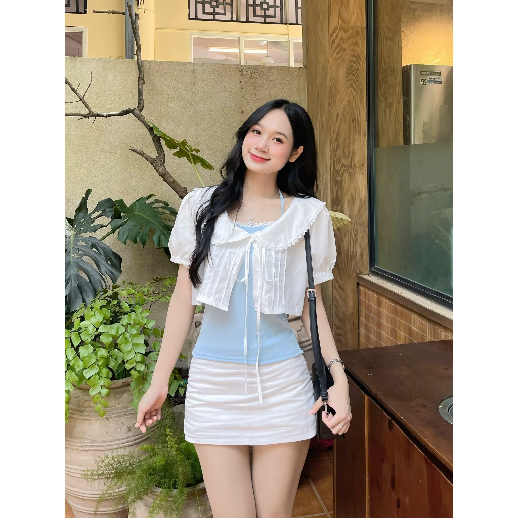Set áo croptop 2 lớp dáng babydoll tay phồng tiểu thư cổ sen thắt nơ dễ thương Hàn Quốc AOT052 | BigBuy360 - bigbuy360.vn