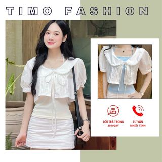 Set áo croptop tay phồng phối áo thun cột dây viền ren ulzzang nữ tính Hàn Quốc  AOT052