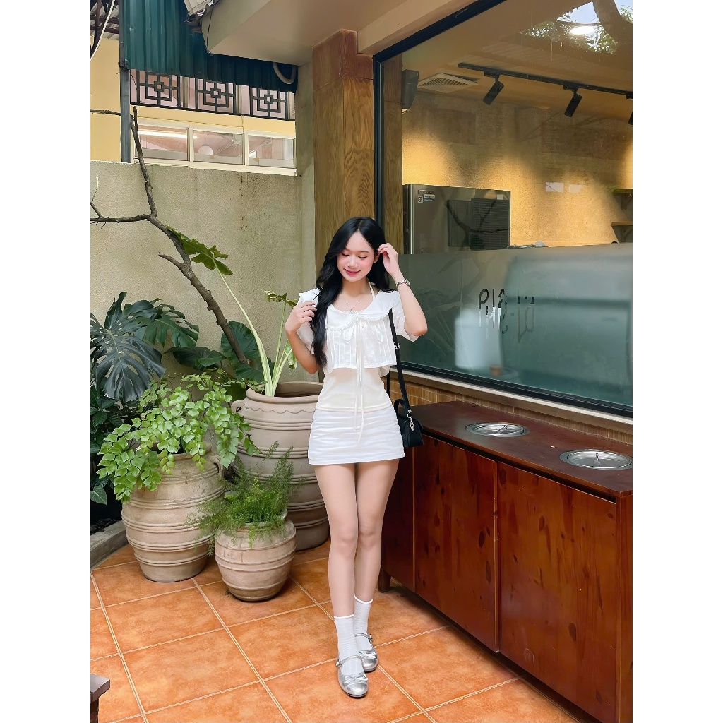 Set áo croptop 2 lớp dáng babydoll tay phồng tiểu thư cổ sen thắt nơ dễ thương Hàn Quốc AOT052 | BigBuy360 - bigbuy360.vn