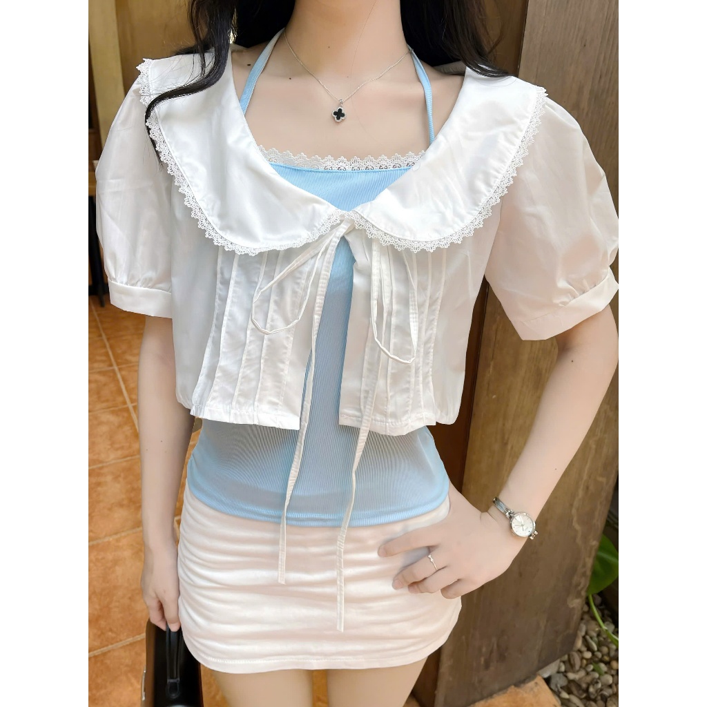 Set áo croptop 2 lớp dáng babydoll tay phồng tiểu thư cổ sen thắt nơ dễ thương Hàn Quốc AOT052 | BigBuy360 - bigbuy360.vn