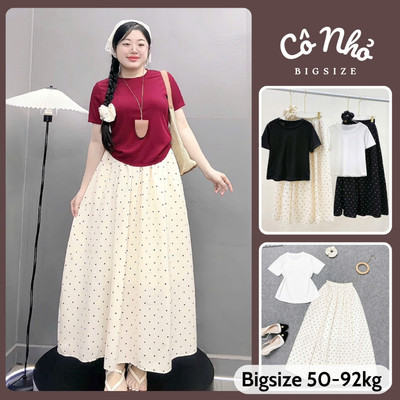 Set Áo Váy Nàng Thơ Bigsize Áo Thun Babytee Ôm Body Kèm Chân Váy Lụa Chấm Bi Nhẹ Nhàng G244+CV422