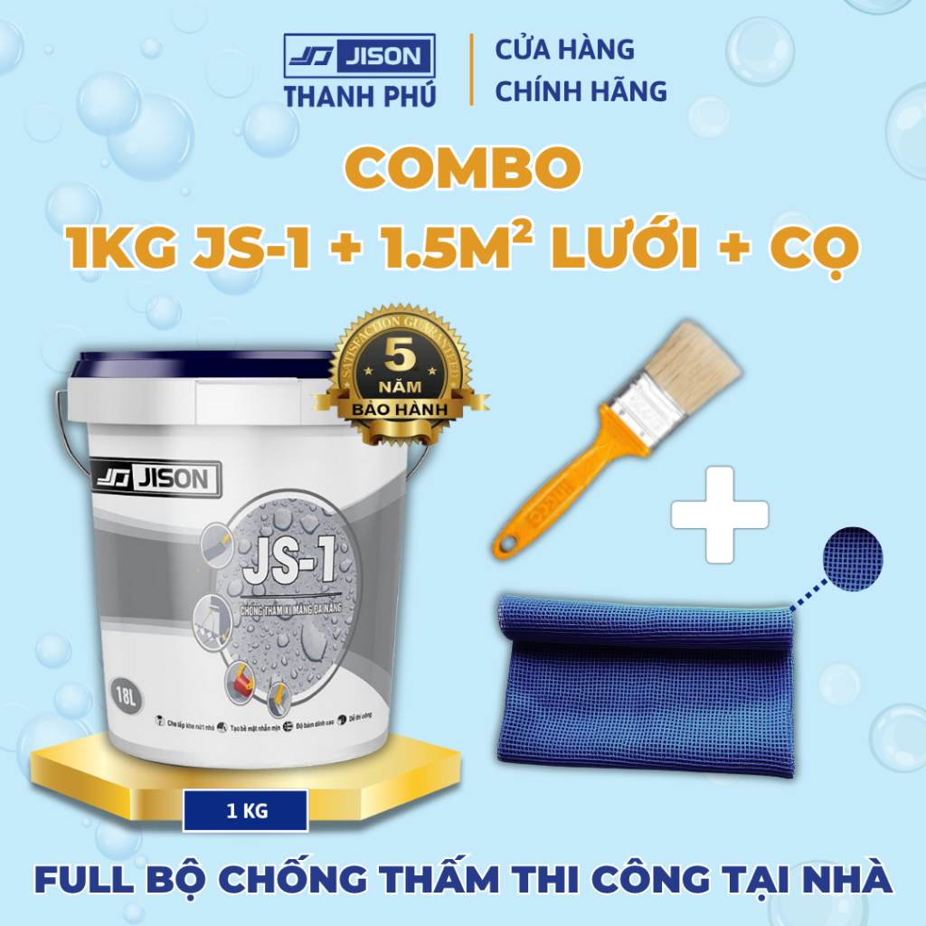 Combo chống thấm Jison JS1 1kg + Lưới 1.5m² + Cọ quét – Dùng làm tè tôn, sàn mái