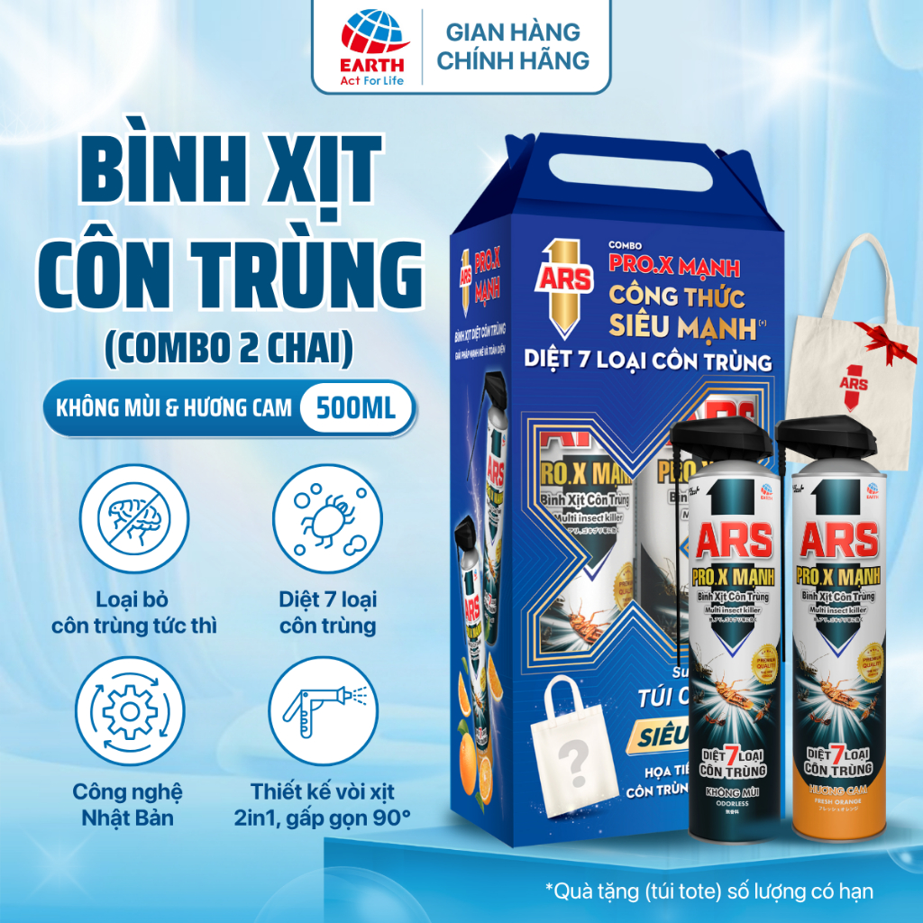 Bình xịt côn trùng ARS PROX Mạnh box 2 chai (500ml) - [TẶNG TOTE] xịt muỗi, kiến gián | ECV
