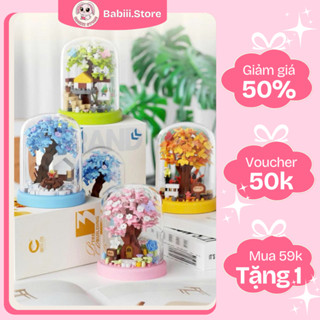 Mô Hình Lắp Ráp Cây Hoa Trong Lồng Kính Xuân Hạ Thu Đông Mini 4 Màu Dễ Thương, Hoa Anh Đào Cây Nhà Khối Xây Dựng