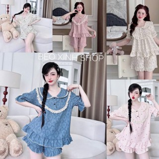 Đồ Bộ - Đồ Ngủ Quần Áo Đùi Xốp Tiểu Thư Cổ Bèo Pijama Bigsize 50-100kg Vải Đũi Vân Sóng Cotton Mềm Mát -  A.5038