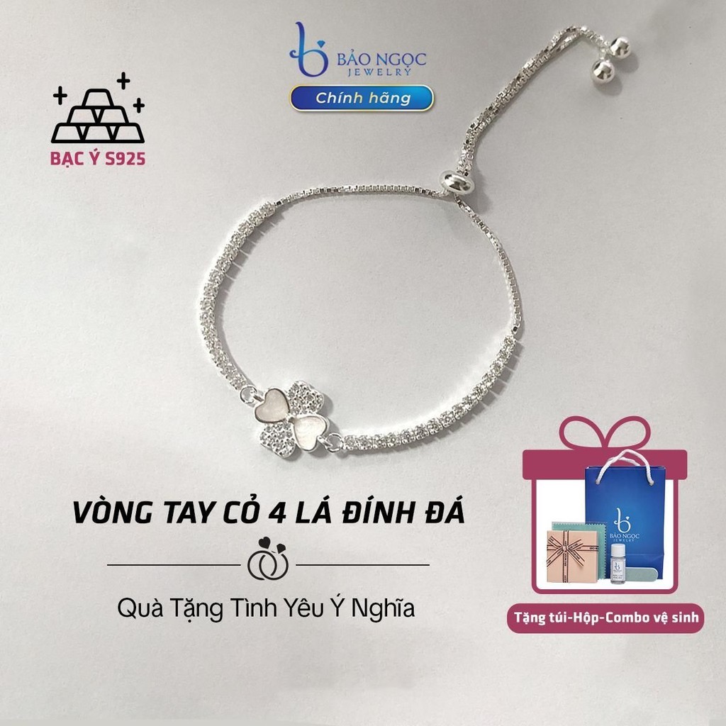 Lắc tay bạc nữ s925 Cỏ Bốn Lá đính đá, Lắc tay bạc cỏ 4 lá may mắn, Vòng tay bạc nữ dây rút - LT2992
