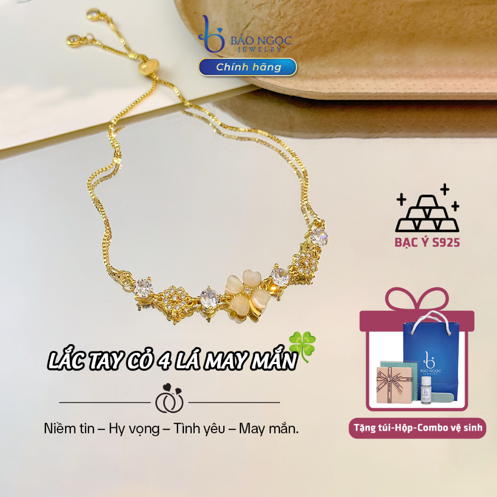 Lắc tay bạc 925 cỏ 4 lá may mắn, Lắc tay bạc nữ thiết kế dây rút, Lắc tay bạc cỏ bốn lá - LT2910