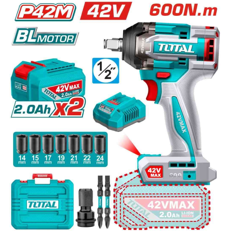 MÁY SIẾT BULOONG KHÔNG CHỔI THAN DÙNG PIN 42V TOTAL TIWLI42602