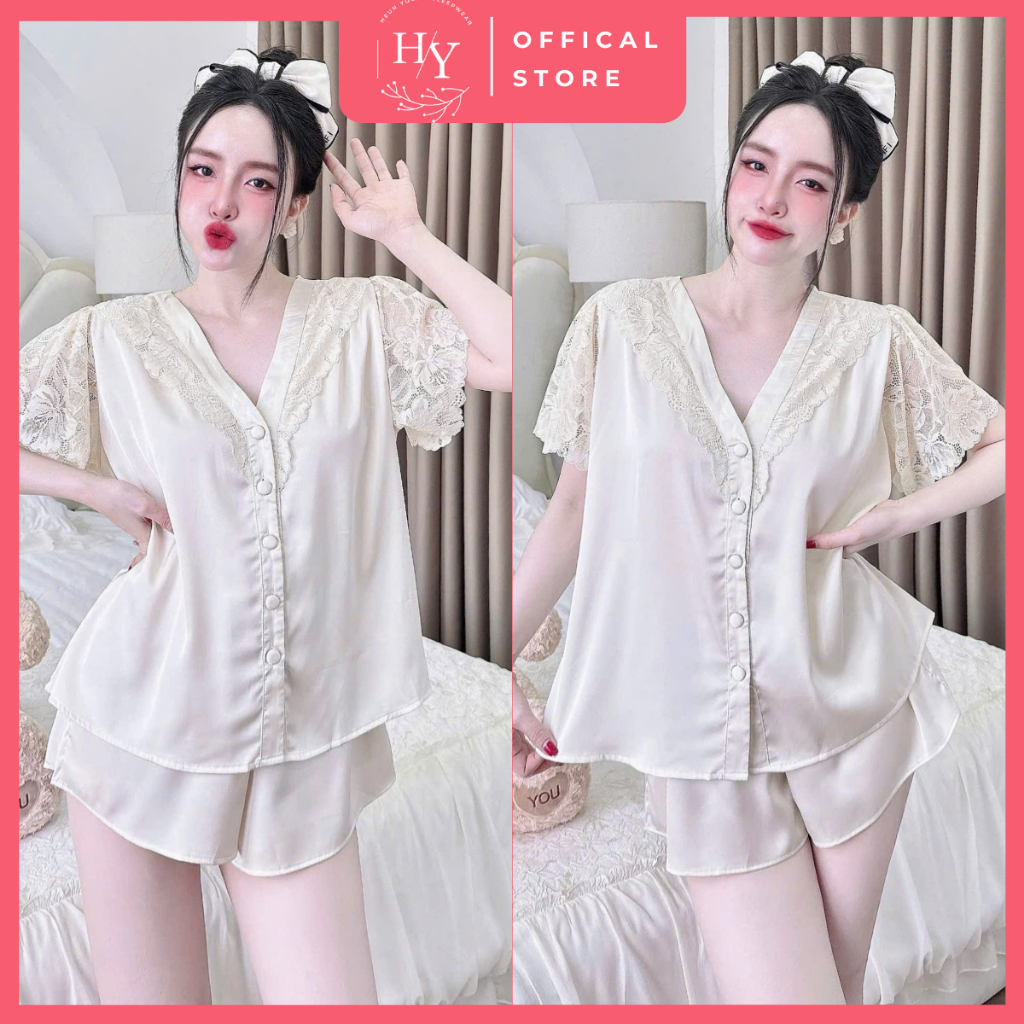 Đồ Ngủ Nữ Đùi HEUN YOUNG Đồ Bộ Mặc Nhà Lụa Latin Ren Tiểu Thư Nút Bọc 45-65kg - OD2