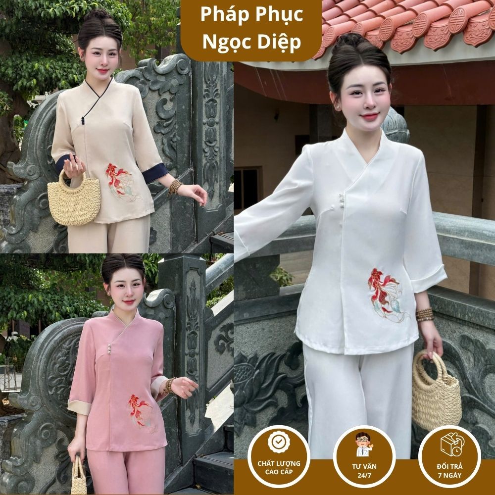 Đồ Lam Truyền Thống Nữ Thêu Cá Chép, Pháp Phục Đi Chùa Đũi Thái Cổ Y Không Nhăn Tay Bẻ Màu Trắng