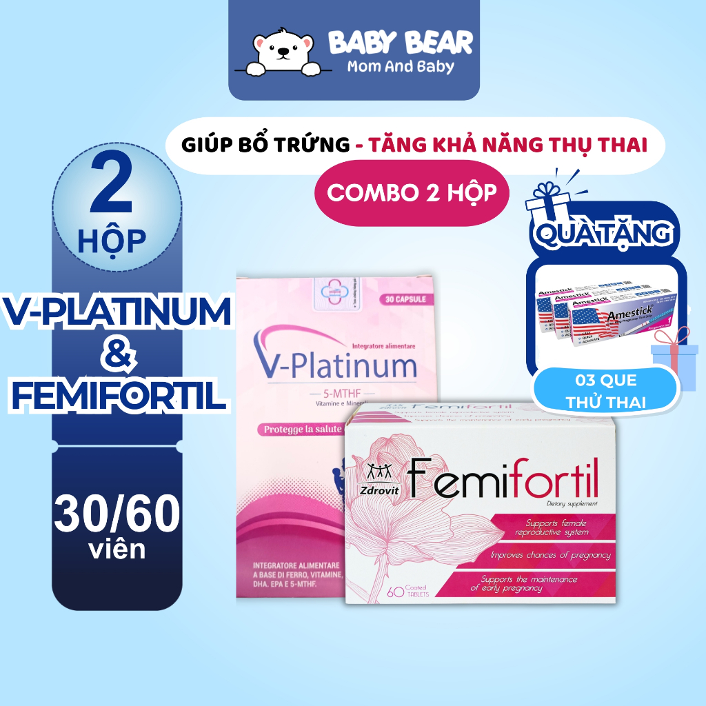 Bộ Đôi Bổ Trứng V-Platinum 5-MTHF, Femifortil - Tăng Khả Năng Thụ Thai, Bổ Sung Folate, Ngăn Dị Tật 