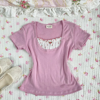 Áo phong cách coquette kiểu acubi brandy nữ baby tee nơ màu hồng bánh bèo thun tăm thông hơi