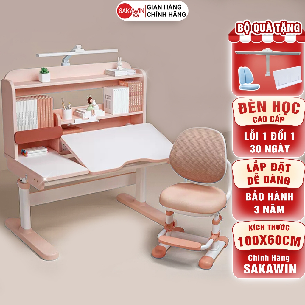 Bộ bàn học sinh thông minh Sakawin Pro100 Gỗ tự nhiên cao cấp, Mặt bàn xẻ đôi size 100cm | BigBuy360 - bigbuy360.vn