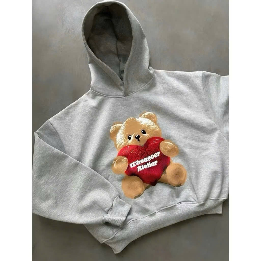 Áo hoodie boxy WHENEVER GẤU ẢNH THẬT vải nỉ cao cấp, áo hoodie mùa đông unisex nam nữ, không xù lông