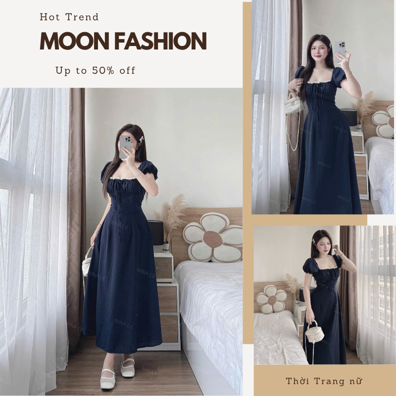 Đầm maxi nữ cổ vuông tay phồng dáng dài màu xanh navy phong cách tiểu thư cổ điển Hàn Quốc