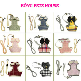 Bộ Yếm Dắt Thú Cưng Đi Dạo Dây Dắt Chó Mèo Thỏ Bọ Ú Hoạ Tiết Nơ Có Chuông Cổ Thoáng Mát  Dài 1m2