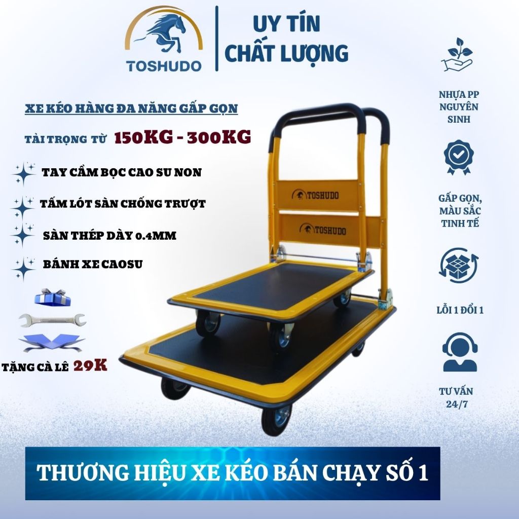 Xe Đẩy Hàng, Xe Kéo Hàng TOSHUDO Thép Bánh xe chống ồn Tải Trọng 300kg Gấp Gọn Tiện Lợi