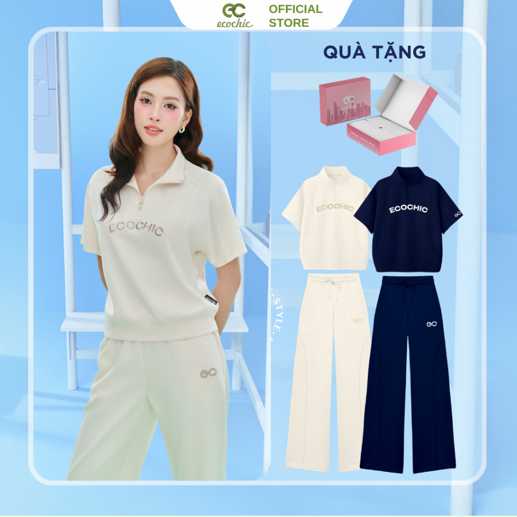 Set Bộ ECOCHIC FRERCE WINK SET Áo Tay Lỡ Cổ Cao Halfzip Quần Dài Cạp Cao Phối Logo EC Cao Cấp Chính 