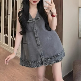 Váy Nữ, Váy Jean Dáng Suông Màu Jean Khói Bèo Viền Đính Nơ Kèm Quần Bảo Hộ