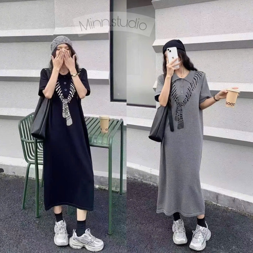 [Minn.studio] Váy Len mtg cổ bẻ in khăn dáng suông (Hàng QC nhé ạ)