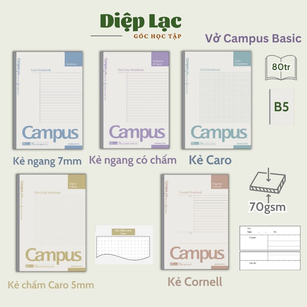   2-5q  Vở Campus 80 trang B5 NHIỀU DÒNG KẺ Basic giấy dày ĐL70gms gáy phẳng chính hãng vpp Diệp Lạc 