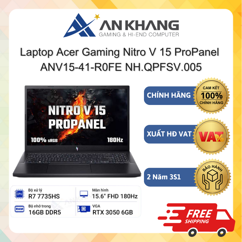 Laptop Acer Gaming Nitro V 15 ProPanel ANV15-41-R0FE (R7-7735HS, 16GB, 512GB, 15.6'', Đen) Chính hãn