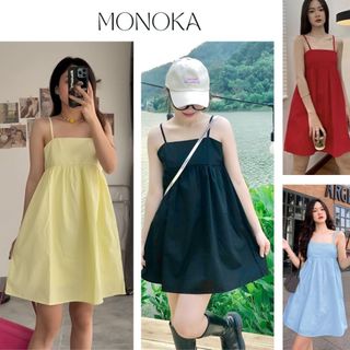  Váy 2 dây nhỏ dáng ngắn trên gối xòe babydoll cute Đầm cúp ngực dễ thương đen đỏ vàng xanh form rộng basic xinh T1264G 