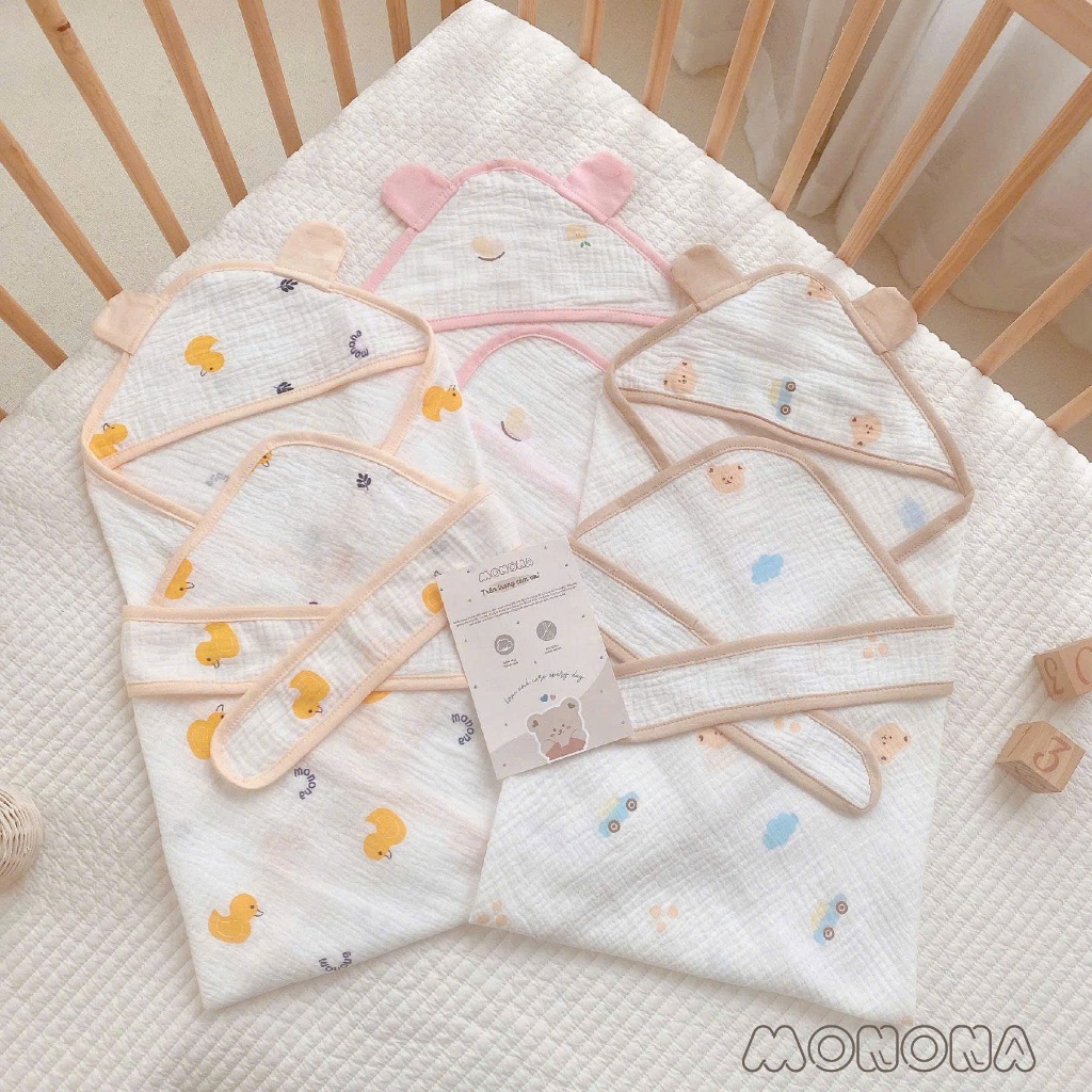 Ủ choàng đón bé, ủ choàng Monona chất liệu Xô muslin/Muslin hạt đậu siêu mềm nhẹ