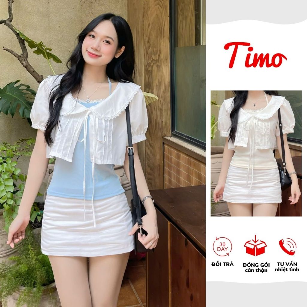  Set áo croptop 2 lớp dáng babydoll tay phồng tiểu thư cổ sen thắt nơ dễ thương Hàn Quốc AOT052 