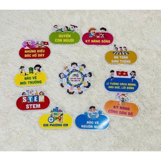 Bộ trang trí lớp học "lớp em cùng tìm hiểu về". Mẫu rời 11 chi tiết. ép plastíc. Sẵn băng keo dán tường