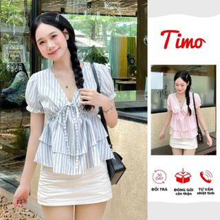  Áo sơ mi tay phồng nữ cổ V nhún eo họa tiết sọc phối bèo ngắn xinh xắn nhiều màu trẻ trung AOT053 