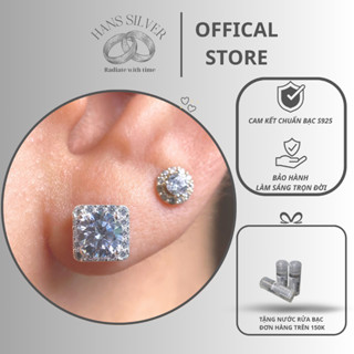  Khuyên tai hoa tai bạc S925 nụ vuông nam nữ đính đá Hans Silver KTHA120119 