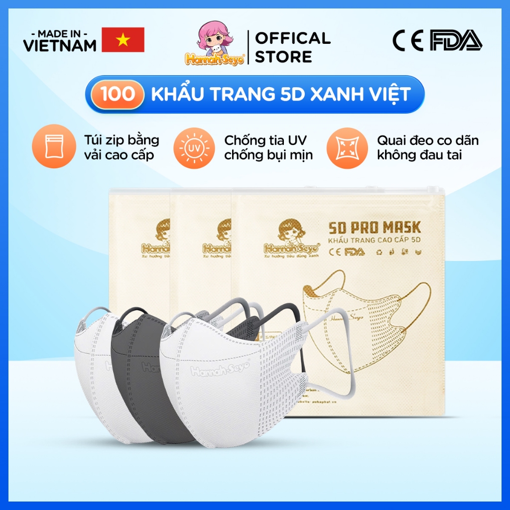 Khẩu trang 5D XANH VIỆT chống tia UV chống nắng bụi mịn 3 lớp Hannah seyo