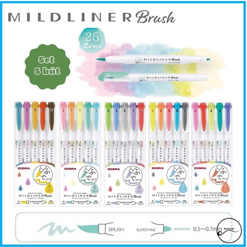 Bút đánh dấu Zebra Mildliner Brush (set 5 cây)