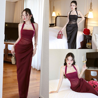 Đầm Maxi Dạ Hội Dài Lưới Choàng Cổ Phối Tùng Lụa Hàn Thướt Tha Sang Trọng